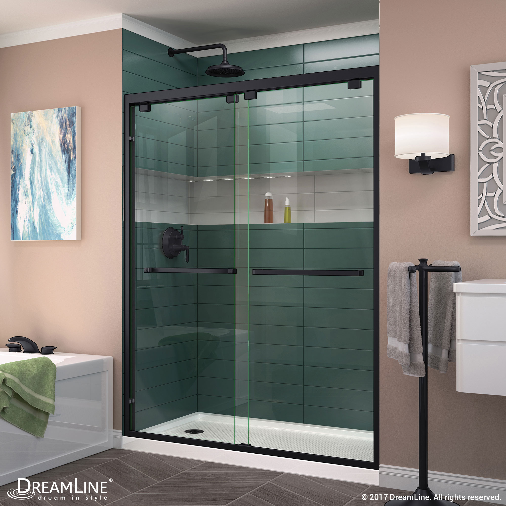 DreamLine Encore 34 in. D x 60 in. W x 78 3/4 in. H Bypass Shower Door in Oil Rubbed Bronze and Left Drain White Base Kit