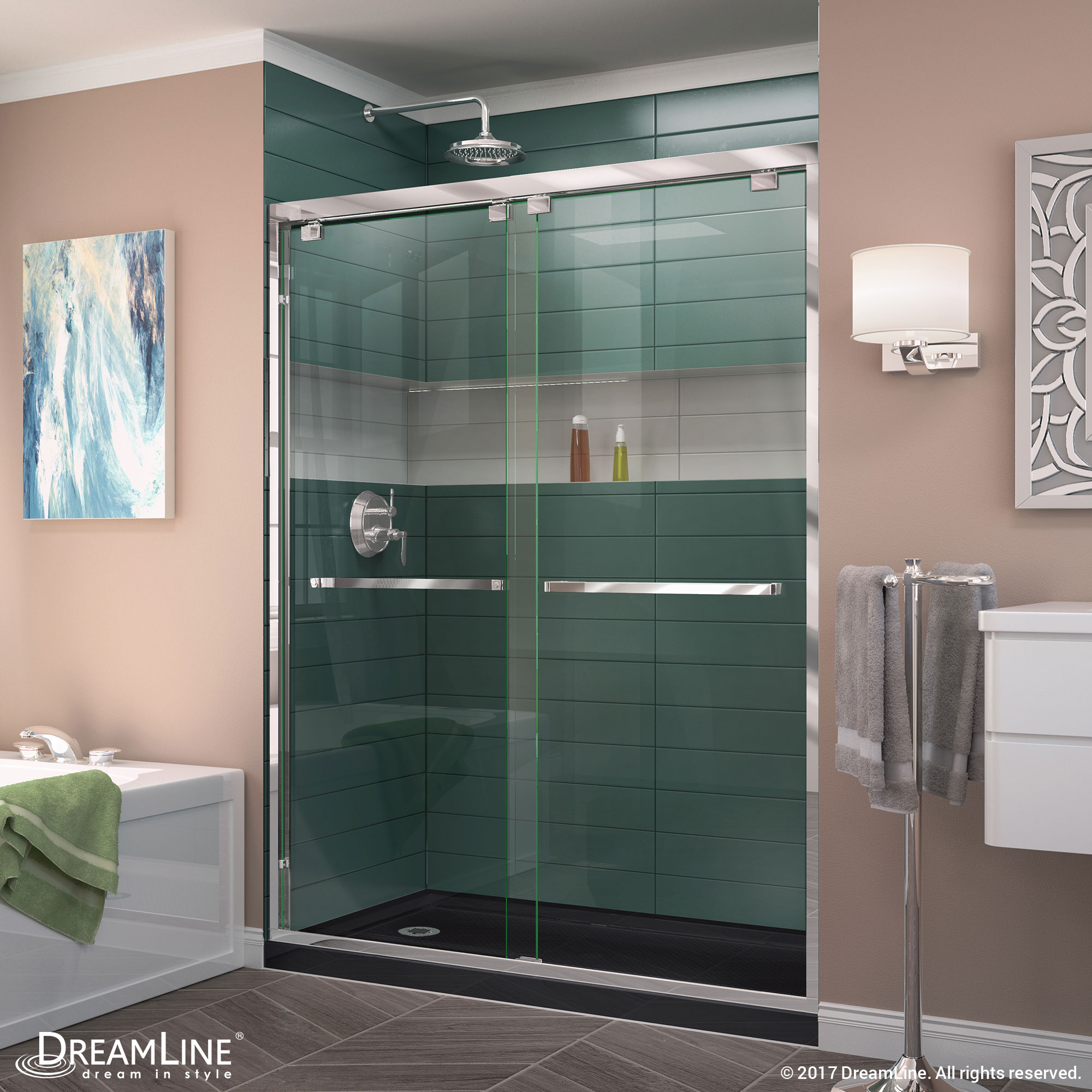 DreamLine Encore 34 in. D x 60 in. W x 78 3/4 in. H Bypass Shower Door in Oil Rubbed Bronze and Left Drain Biscuit Base Kit