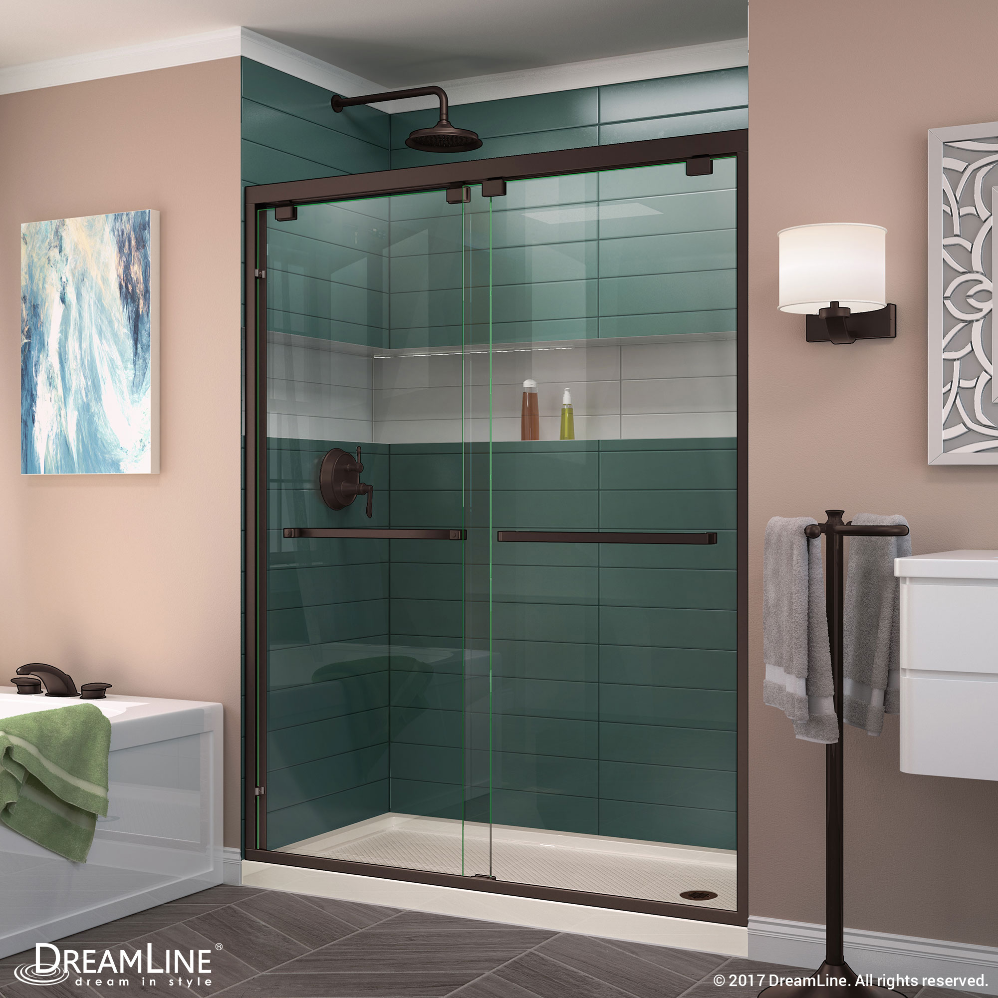 DreamLine Encore 36 in. D x 60 in. W x 78 3/4 in. H Bypass Shower Door in Brushed Nickel and Right Drain Biscuit Base Kit