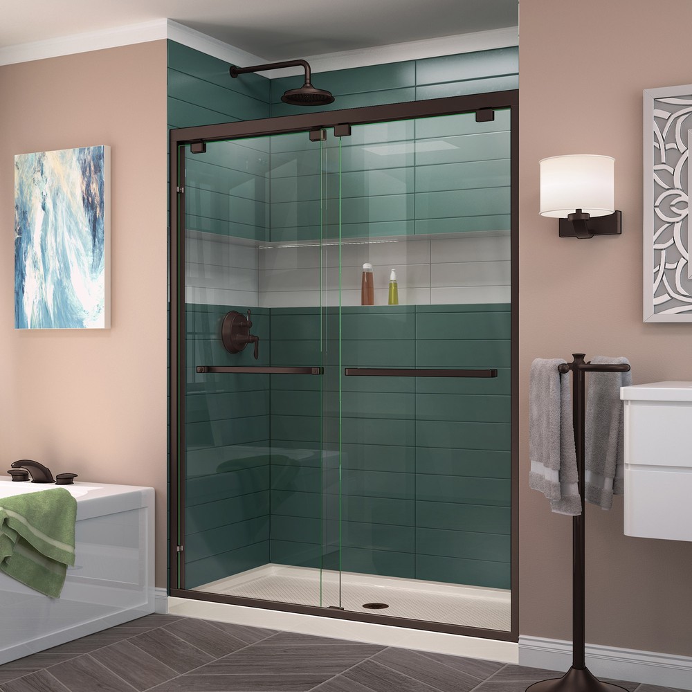 DreamLine Encore 34 in. D x 48 in. W x 78 3/4 in. H Bypass Shower Door in Chrome and Center Drain White Base Kit