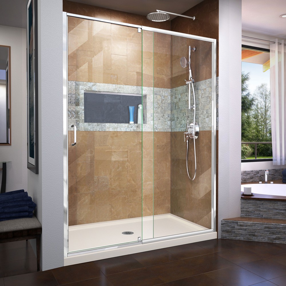 DreamLine Flex 30 in. D x 60 in. W x 74 3/4 in. H Semi-Frameless Pivot Shower Door in Chrome with Center Drain White Base Kit