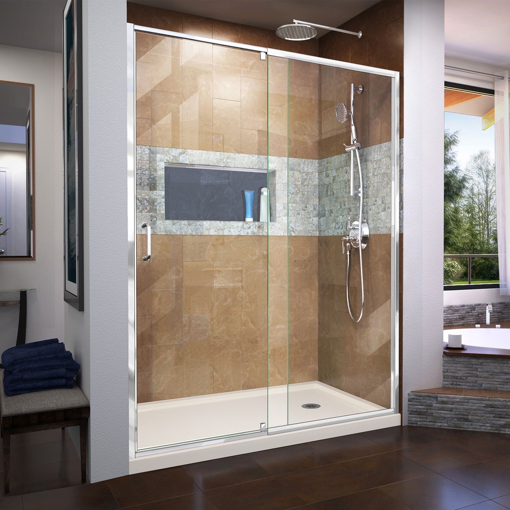 DreamLine Flex 30 in. D x 60 in. W x 74 3/4 in. H Semi-Frameless Pivot Shower Door in Chrome with Right Drain White Base Kit