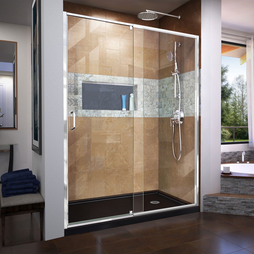 DreamLine Flex 30 in. D x 60 in. W x 74 3/4 in. H Semi-Frameless Pivot Shower Door in Chrome with Right Drain Biscuit Base Kit