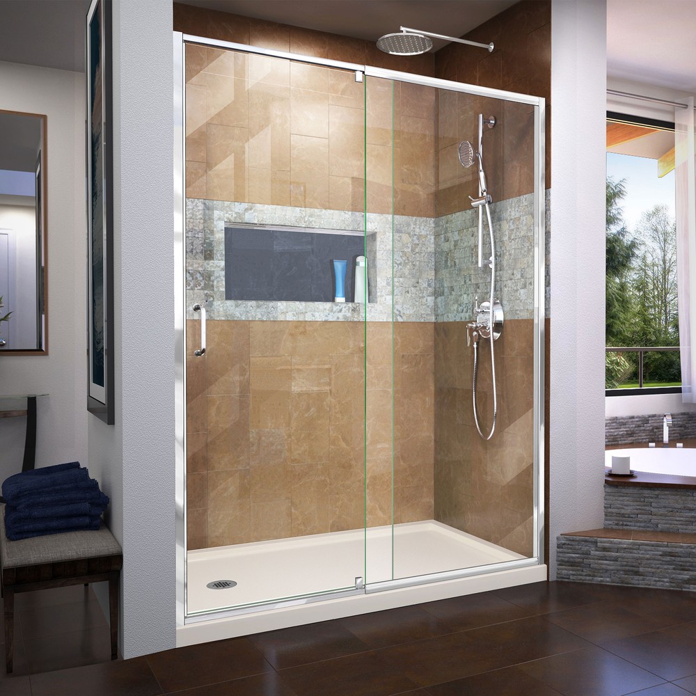 DreamLine Flex 32 in. D x 60 in. W x 74 3/4 in. H Semi-Frameless Pivot Shower Door in Chrome with Left Drain White Base Kit