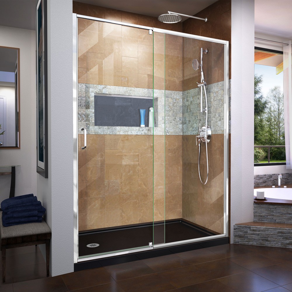 DreamLine Flex 32 in. D x 60 in. W x 74 3/4 in. H Semi-Frameless Pivot Shower Door in Chrome with Right Drain Biscuit Base Kit