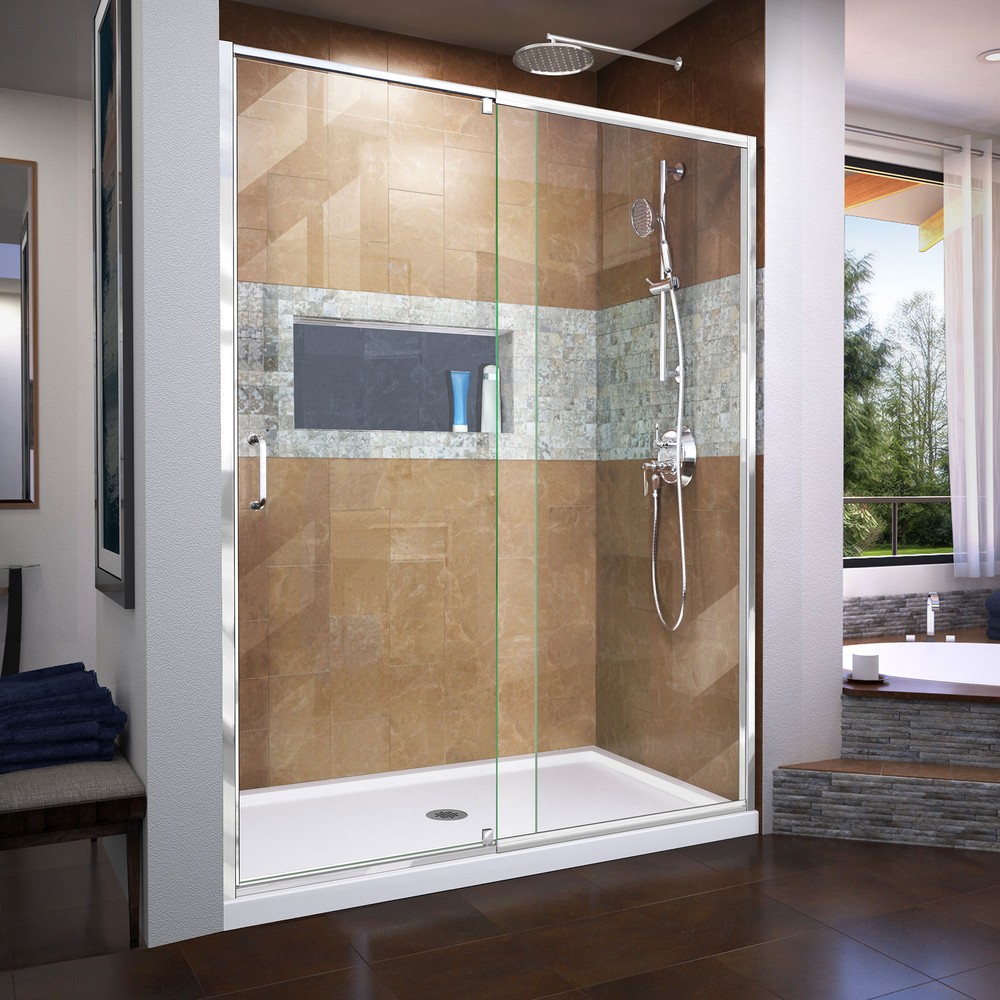 DreamLine Flex 32 in. D x 60 in. W x 74 3/4 in. H Semi-Frameless Pivot Shower Door in Chrome with Right Drain Black Base Kit