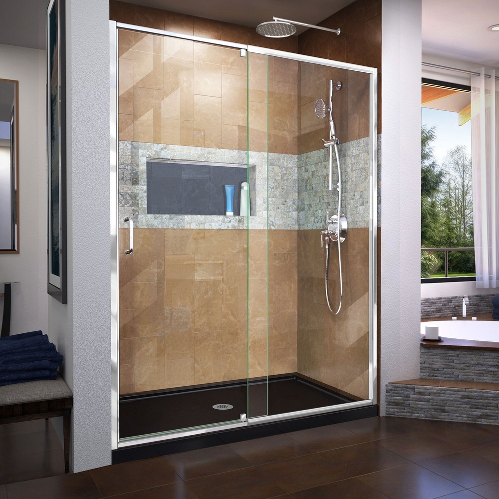 DreamLine Flex 34 in. D x 60 in. W x 74 3/4 in. H Semi-Frameless Pivot Shower Door in Chrome with Center Drain Biscuit Base Kit