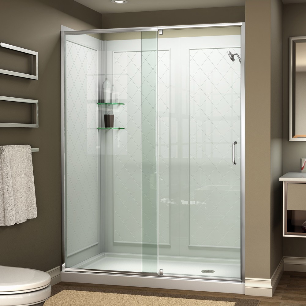 DreamLine Flex 34 in. D x 60 in. W x 76 3/4 in. H Pivot Shower Door in Chrome with Center Drain White Base and Backwall Kit