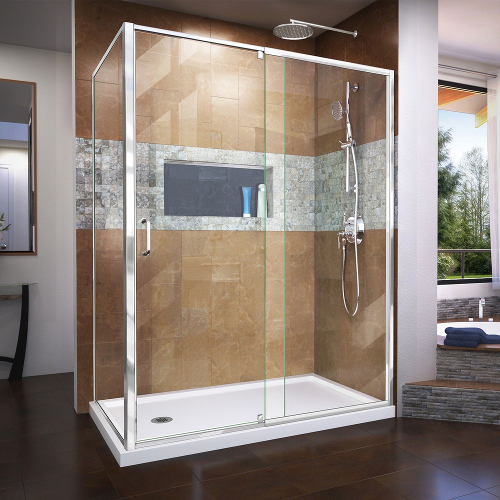 DreamLine Flex 36 in. D x 60 in. W x 76 3/4 in. H Pivot Shower Door in Chrome with Right Drain White Base and Backwall Kit