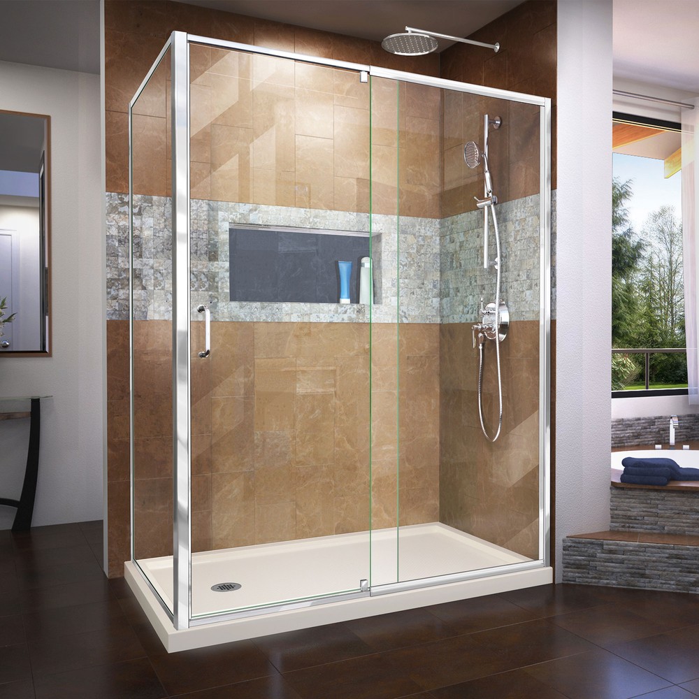 DreamLine Flex 36 in. D x 48 in. W x 74 3/4 in. H Semi-Frameless Pivot Shower Enclosure in Chrome with Right Drain Black Base Ki