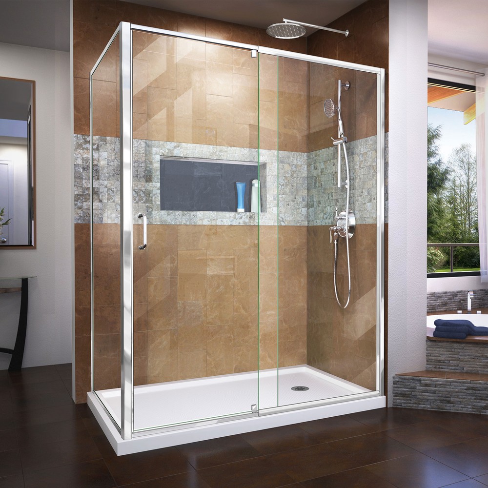 DreamLine Flex 36 in. D x 60 in. W Semi-Frameless Pivot Shower Enclosure in Chrome with Left Drain White Acrylic Base Kit