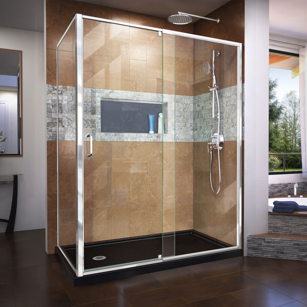 DreamLine Flex 36 in. D x 60 in. W Semi-Frameless Pivot Shower Enclosure in Chrome with Right Drain Biscuit Acrylic Base Kit