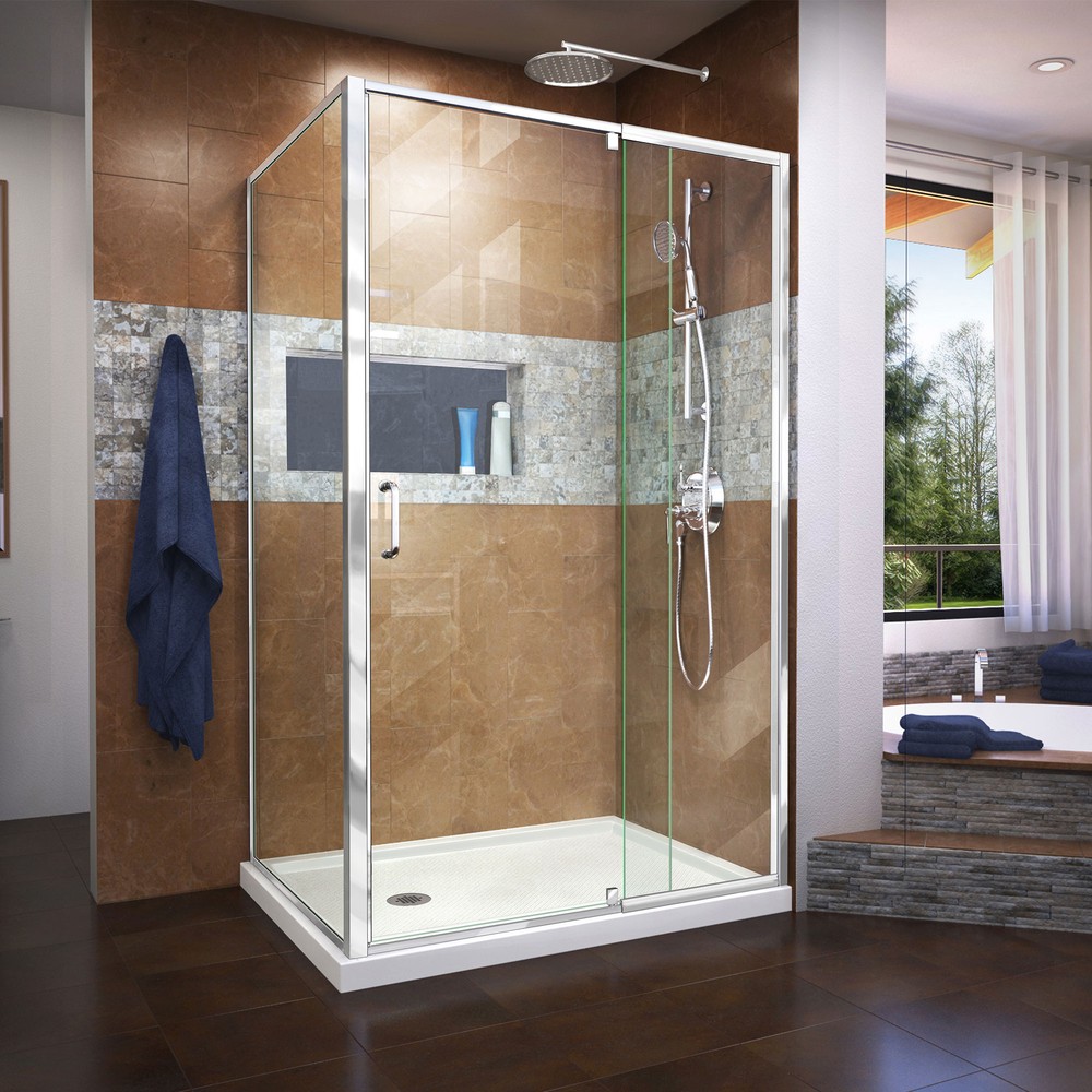 DreamLine Flex 36 in. D x 60 in. W Semi-Frameless Pivot Shower Enclosure in Chrome with Right Drain Black Acrylic Base Kit