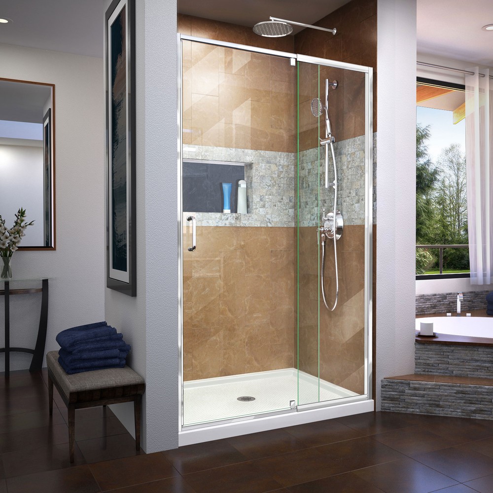 DreamLine Flex 34 in. D x 42 in. W x 74 3/4 in. H Semi-Frameless Pivot Shower Door in Chrome with Center Drain Black Base Kit