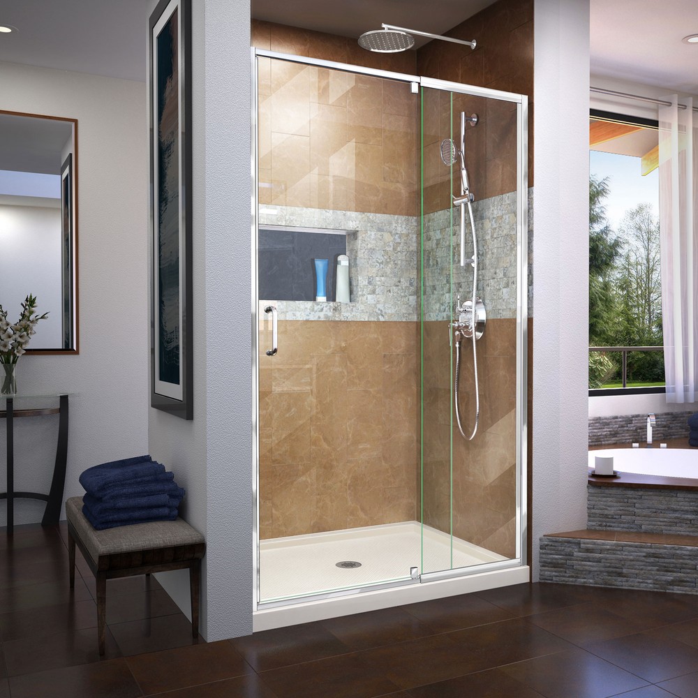 DreamLine Flex 32 in. D x 42 in. W x 74 3/4 in. H Semi-Frameless Pivot Shower Door in Chrome with Center Drain Black Base Kit