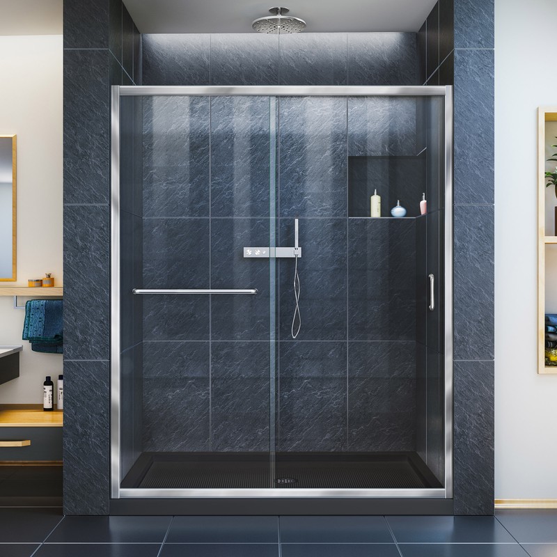 DreamLine Infinity-Z 32 in. D x 54 in. W x 74 3/4 in. H Frosted Sliding Shower Door in Chrome and Center Drain Biscuit Base