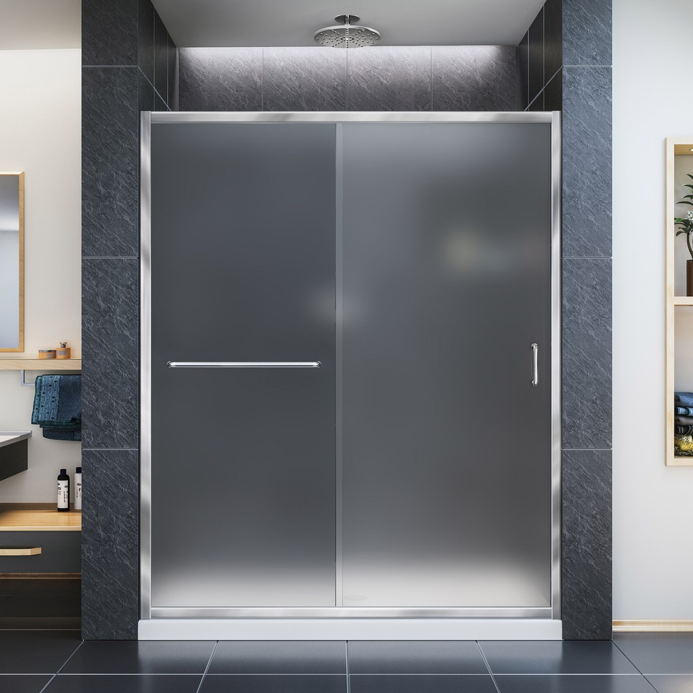 DreamLine Infinity-Z 32 in. D x 54 in. W x 74 3/4 in. H Clear Sliding Shower Door in Chrome and Center Drain Biscuit Base