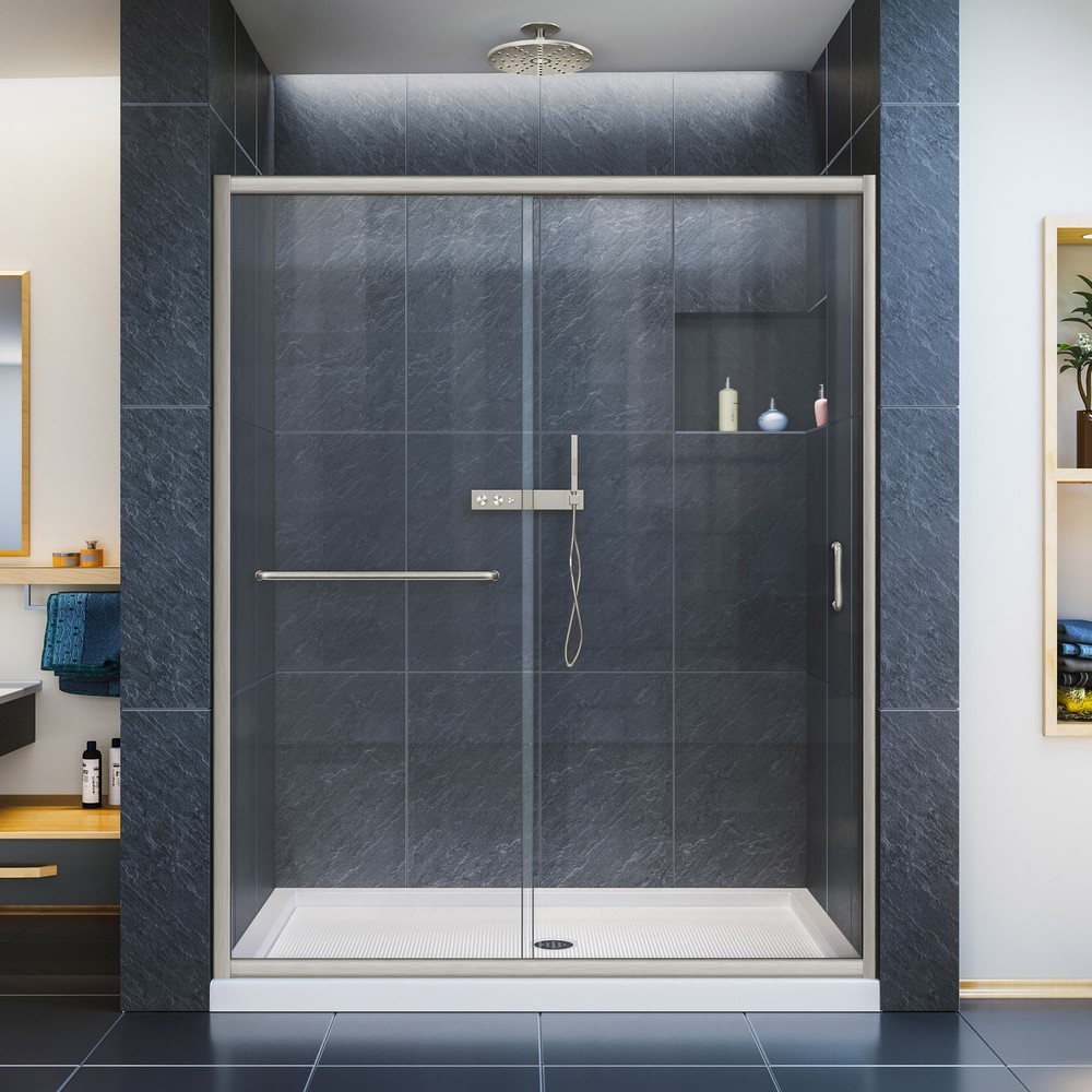 DreamLine Infinity-Z 32 in. D x 54 in. W x 74 3/4 in. H Clear Sliding Shower Door in Brushed Nickel and Center Drain Biscuit Bas