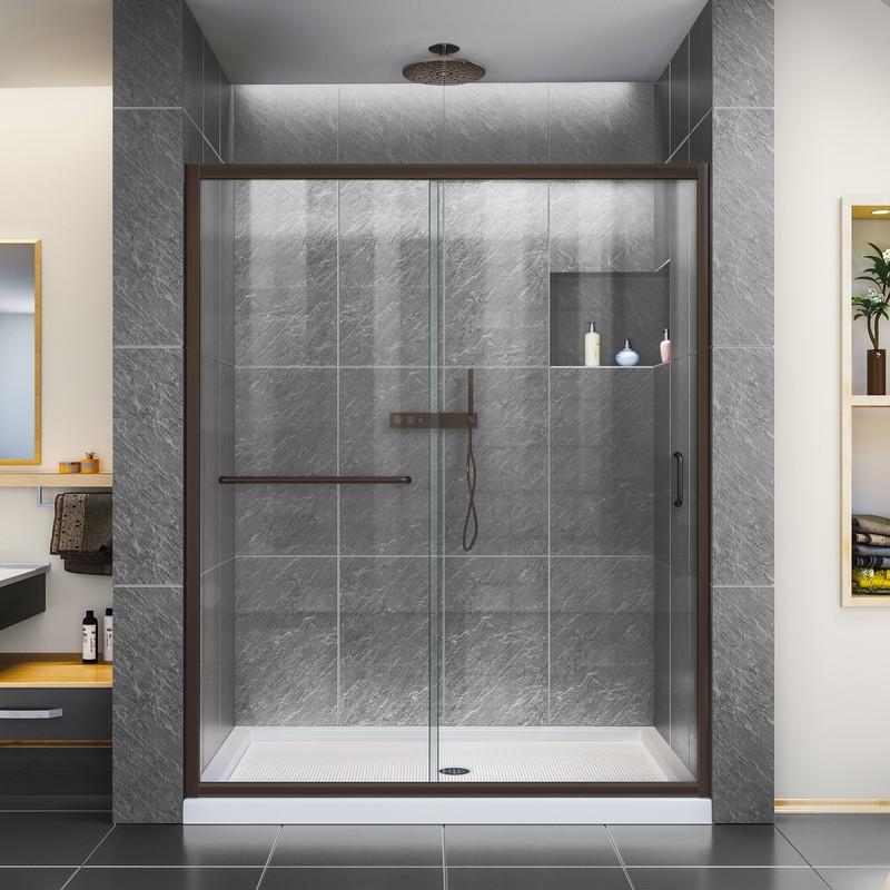 DreamLine Infinity-Z 32 in. D x 54 in. W x 74 3/4 in. H Clear Sliding Shower Door in Brushed Nickel and Center Drain White Base