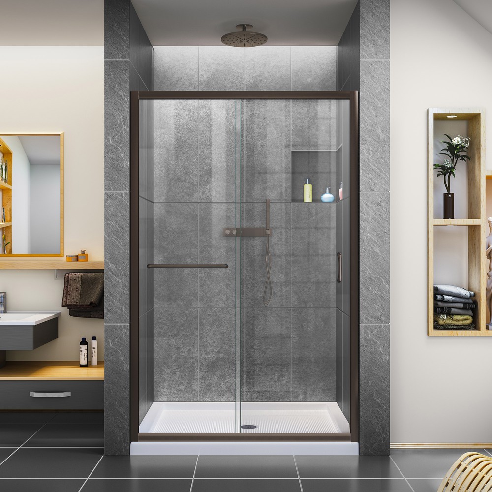 DreamLine Infinity-Z 36 in. D x 48 in. W x 74 3/4 in. H Clear Sliding Shower Door in Chrome and Center Drain Biscuit Base
