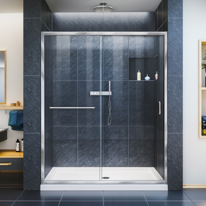 DreamLine Infinity-Z 30 in. D x 60 in. W x 74 3/4 in. H Clear Sliding Shower Door in Brushed Nickel and Right Drain Biscuit Base