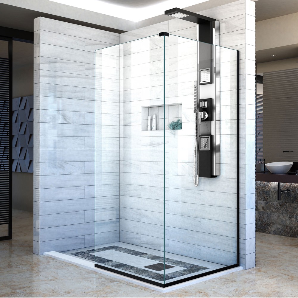 DreamLine Linea Two Individual Frameless Shower Screens 30 in. and 34 in. W x 72 in. H, Open Entry Design in Satin Black