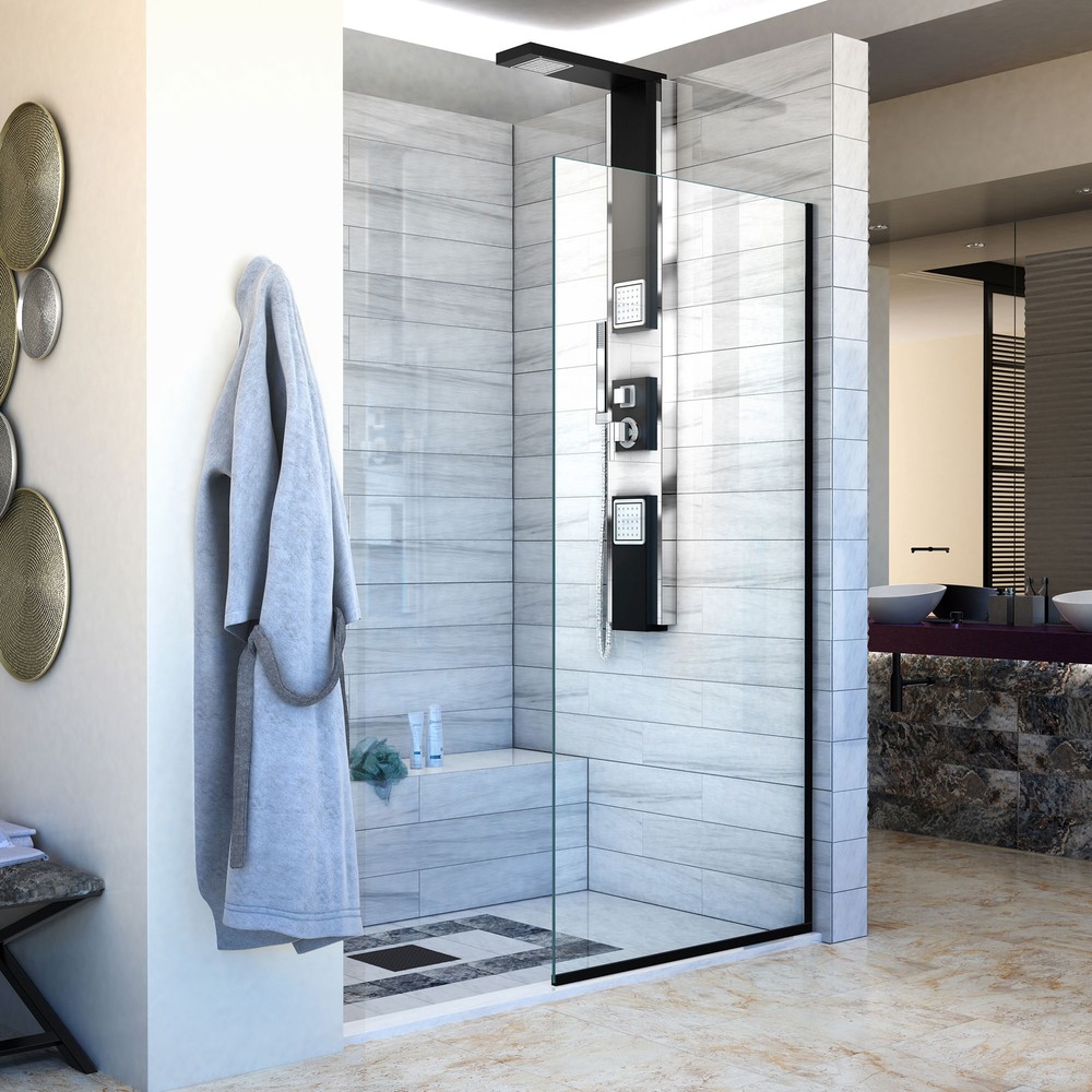 DreamLine Linea Two Adjacent Frameless Shower Screens 34 in. and 30 in. W x 72 in. H, Open Entry Design in Satin Black