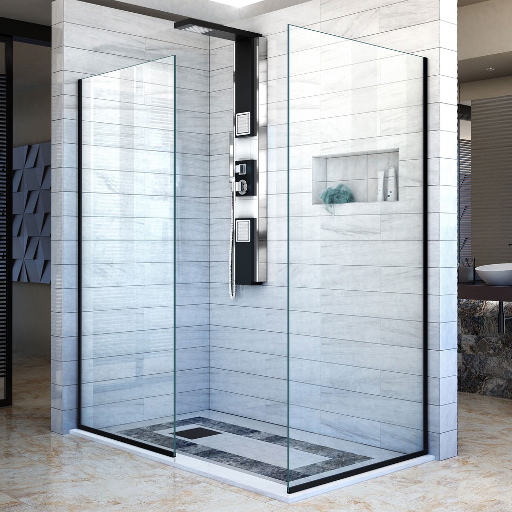 DreamLine Linea Two Individual Frameless Shower Screens 30 in. W x 72 in. H each, Open Entry Design in Satin Black