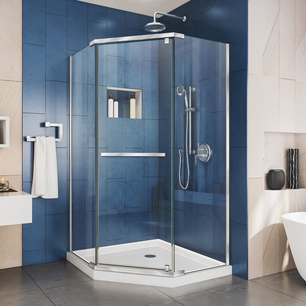 DreamLine Prism 36 in. D x 36 in. W x 74 3/4 H Pivot Shower Enclosure in Chrome and Corner Drain Biscuit Base Kit