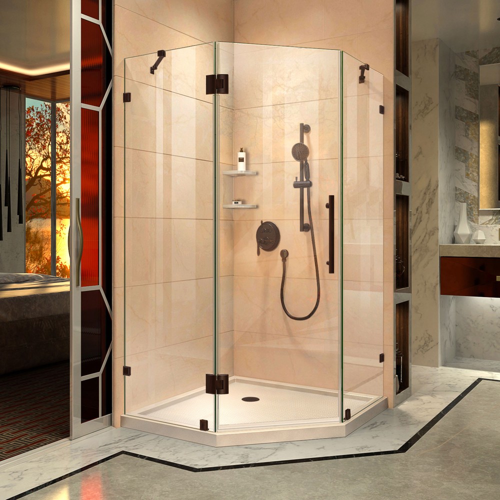 DreamLine Prism Lux 38 in. D x 38 in. W x 74 3/4 in. H Hinged Shower Enclosure in Chrome with Corner Drain Biscuit Base Kit