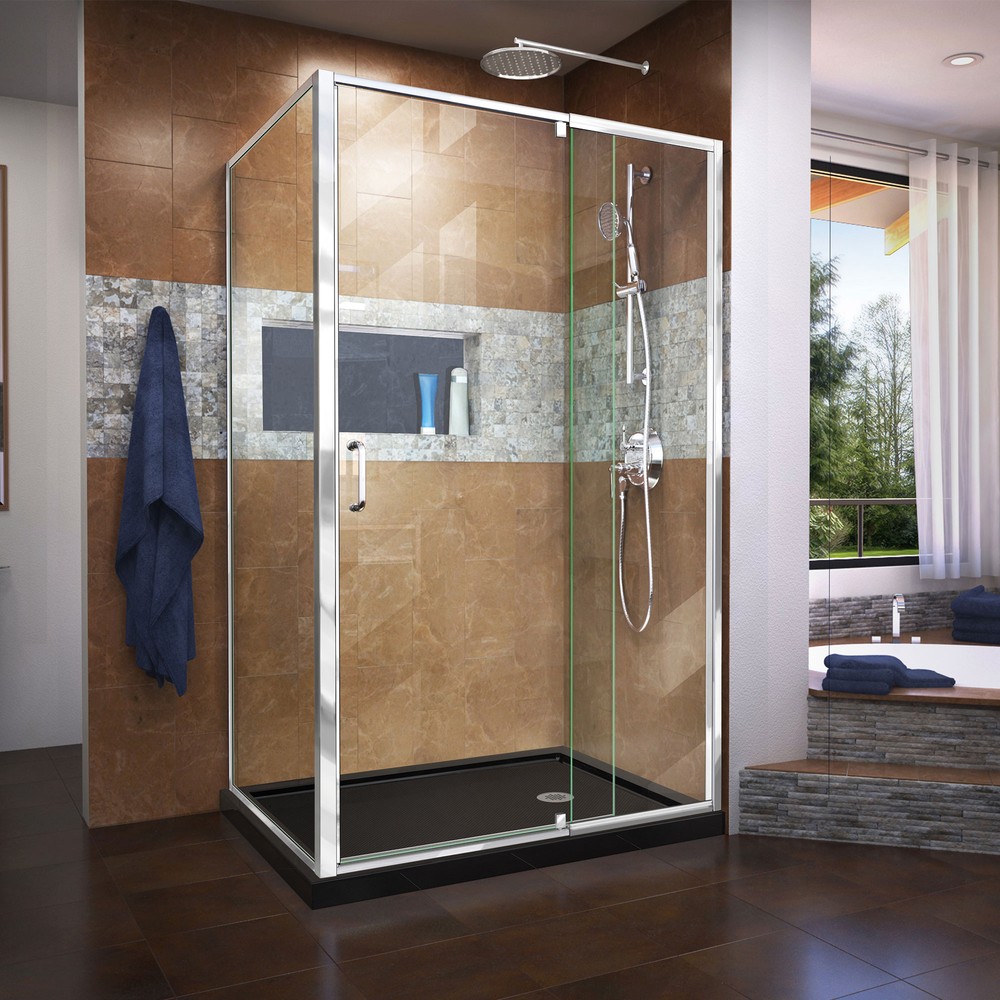 DreamLine Flex 36 in. D x 36 in. W x 74 3/4 in. H Semi-Frameless Pivot Shower Door in Chrome with Center Drain Black Base Kit