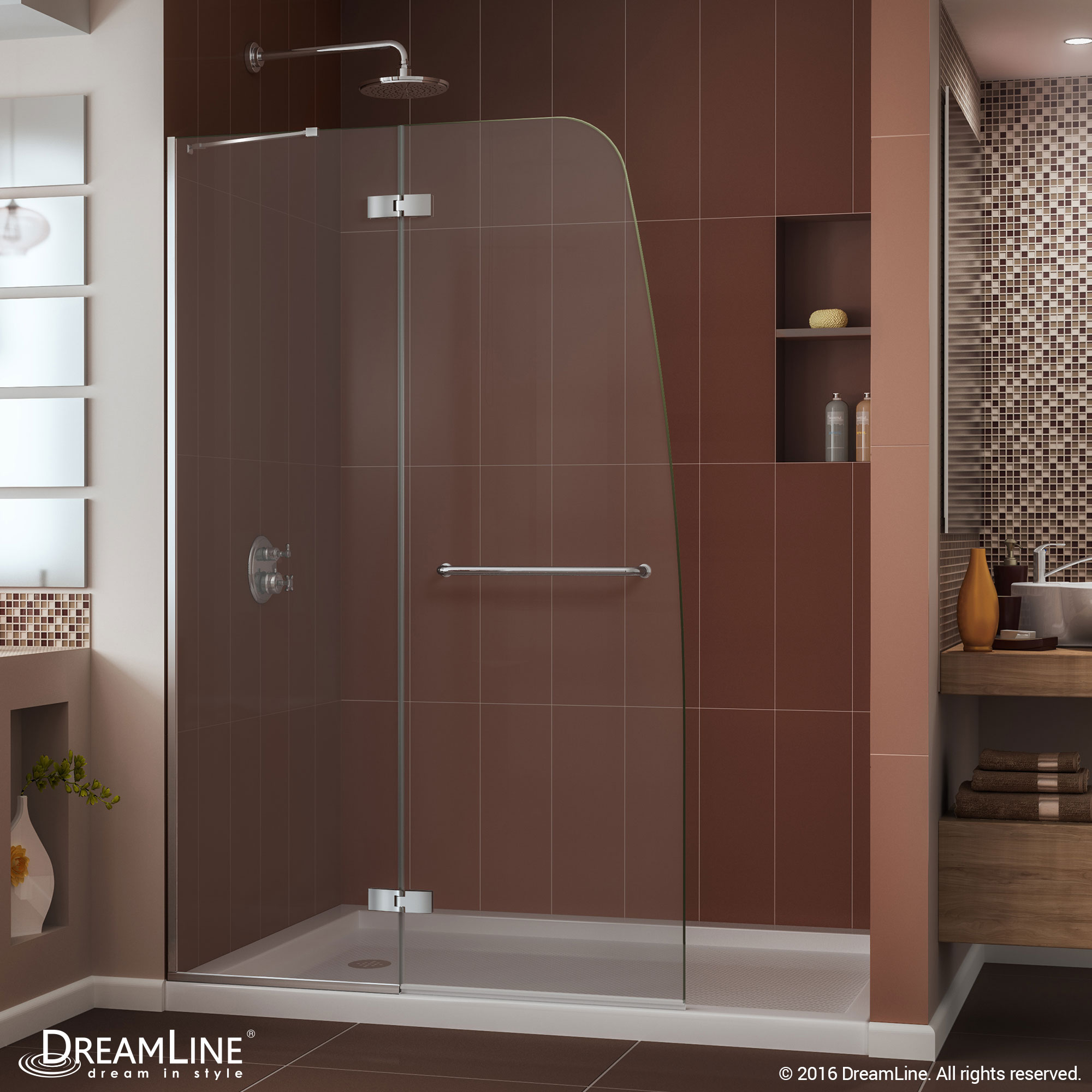 DreamLine Aqua Ultra 34 in. D x 60 in. W x 74 3/4 in. H Frameless Shower Door in Brushed Nickel and Left Drain Biscuit Base Kit