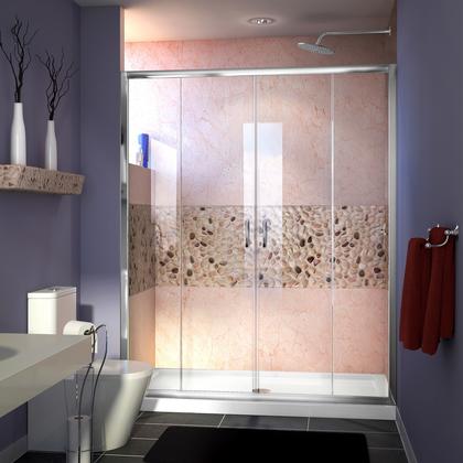 DreamLine Visions 32 in. D x 60 in. W x 74 3/4 in. H Sliding Shower Door in Chrome with Left Drain Biscuit Shower Base