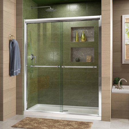 DreamLine Duet 32 in. D x 60 in. W x 74 3/4 in. H Bypass Shower Door in Chrome with Left Drain Black Base Kit