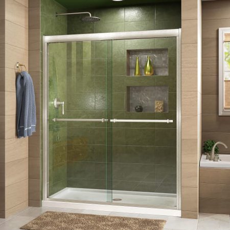 DreamLine Duet 32 in. D x 60 in. W x 74 3/4 in. H Bypass Shower Door in Brushed Nickel with Center Drain Biscuit Base Kit