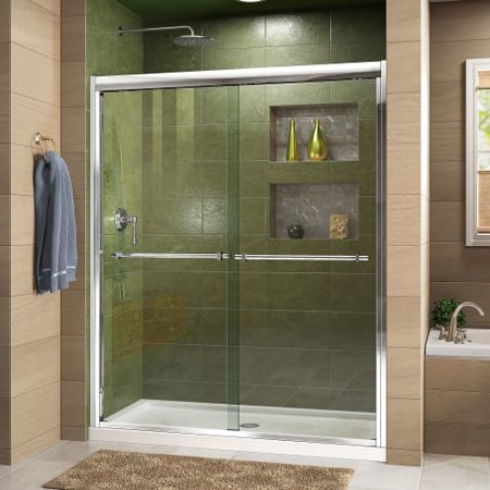 DreamLine Duet 34 in. D x 60 in. W x 74 3/4 in. H Bypass Shower Door in Chrome with Center Drain Biscuit Base Kit