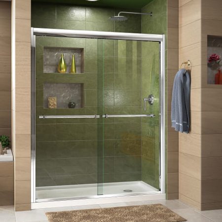 DreamLine Duet 34 in. D x 60 in. W x 74 3/4 in. H Bypass Shower Door in Chrome with Right Drain Biscuit Base Kit