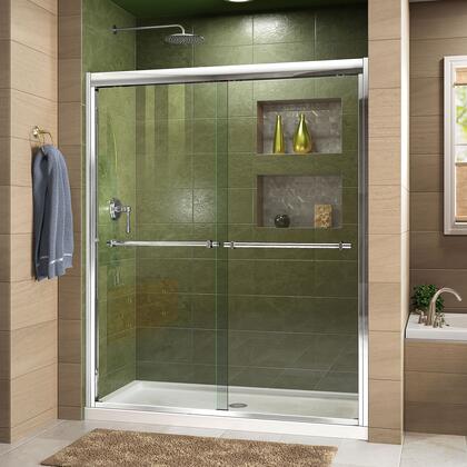 DreamLine Duet 34 in. D x 60 in. W x 74 3/4 in. H Bypass Shower Door in Chrome with Center Drain Black Base Kit
