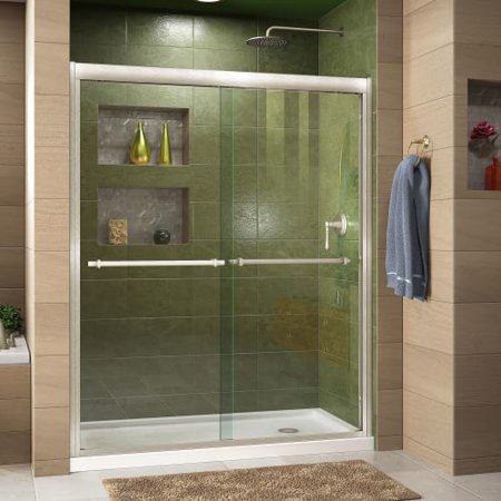 DreamLine Duet 36 in. D x 60 in. W x 74 3/4 in. H Bypass Shower Door in Brushed Nickel with Right Drain Biscuit Base Kit