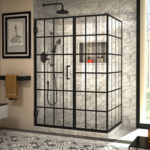 DreamLine Unidoor Toulon 34 in. D x 46 in. W x 72 in. H Frameless Hinged Shower Enclosure in Satin Black