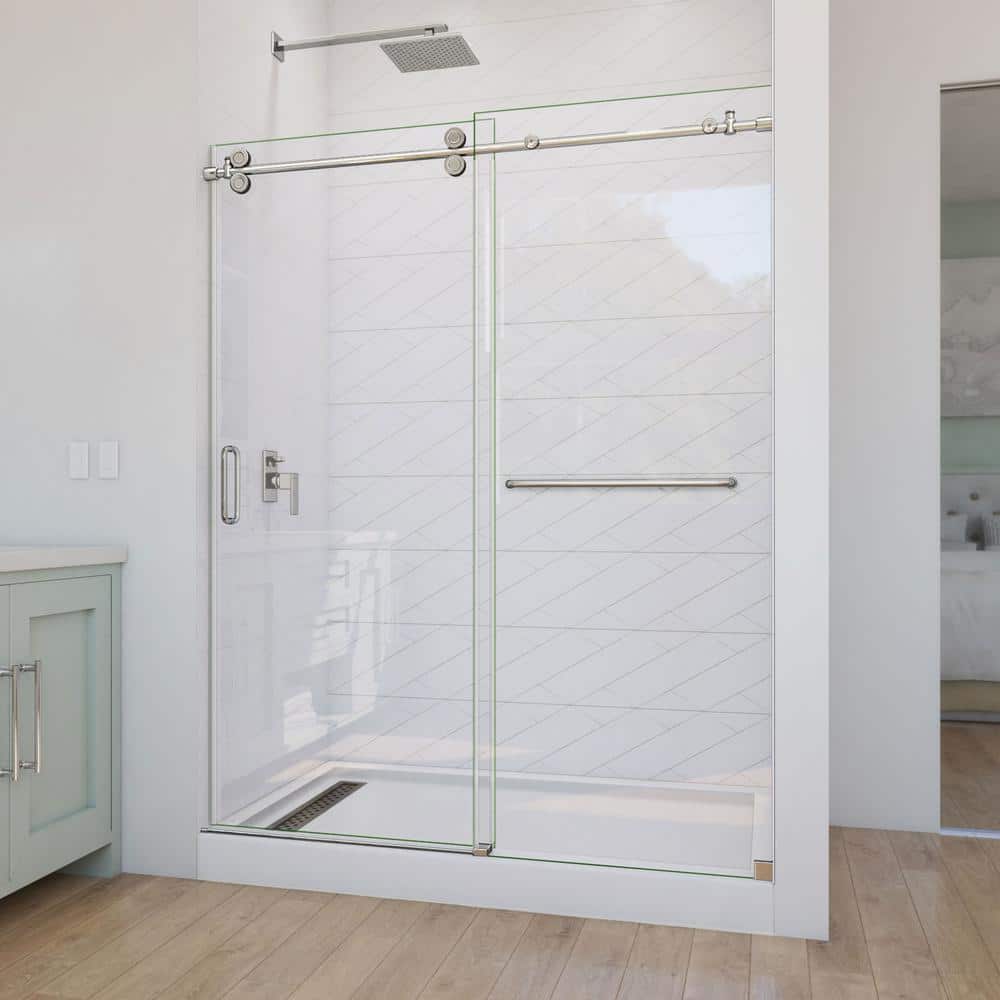 DreamLine Enigma-CXO 56-60 in. W x 76 in. H Fully Frameless Sliding Shower Door in Polished Stainless Steel with Towel Bar