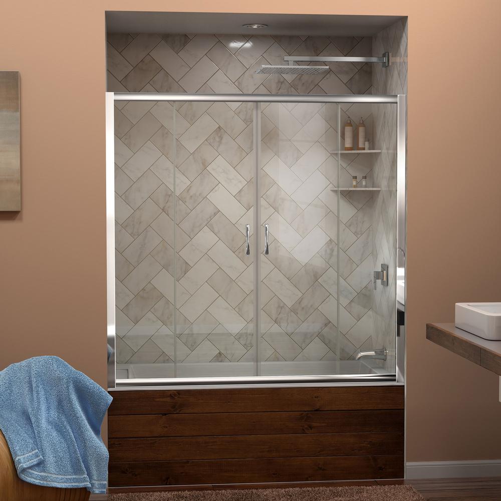 Visions 56 to 60" Frameless Sliding Tub Door, Clear 1/4" Glass Door, Chrome