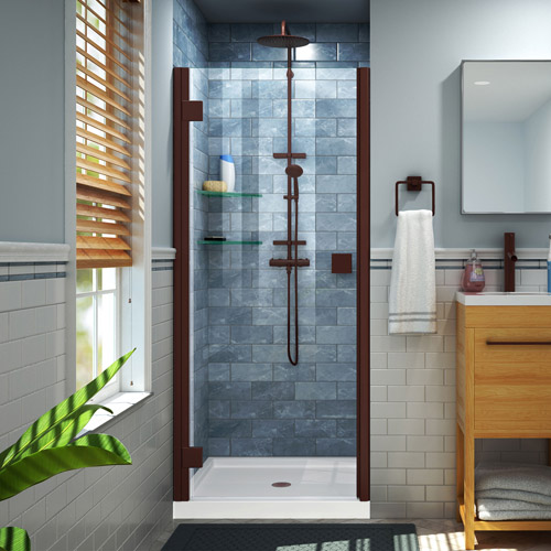 DreamLine Lumen 32 in. D x 42 in. W by 74 3/4 in. H Hinged Shower Door in Oil Rubbed Bronze with White Acrylic Base Kit