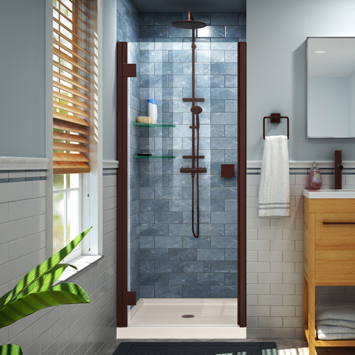 DreamLine Lumen 32 in. D x 42 in. W by 74 3/4 in. H Hinged Shower Door in Oil Rubbed Bronze with Biscuit Acrylic Base Kit