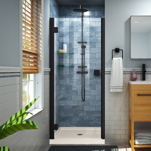 DreamLine Lumen 32 in. D x 42 in. W by 74 3/4 in. H Hinged Shower Door in Satin Black with Biscuit Acrylic Base Kit