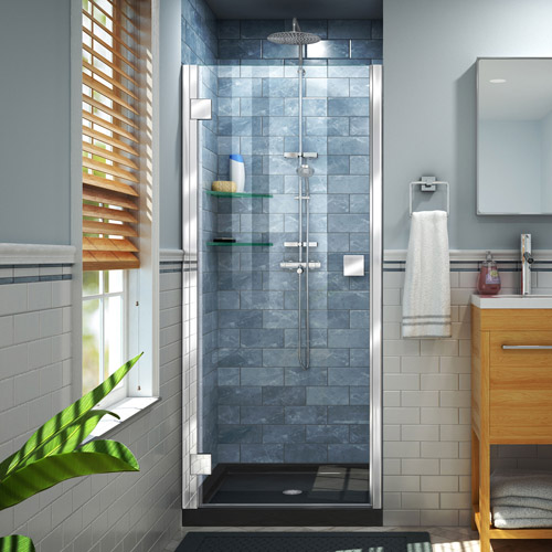 DreamLine Lumen 32 in. D x 42 in. W by 74 3/4 in. H Hinged Shower Door in Chrome with Black Acrylic Base Kit