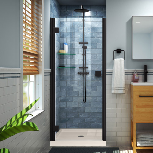 DreamLine Lumen 34 in. D x 42 in. W by 74 3/4 in. H Hinged Shower Door in Satin Black with Biscuit Acrylic Base Kit