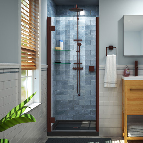 DreamLine Lumen 34 in. D x 42 in. W by 74 3/4 in. H Hinged Shower Door in Oil Rubbed Bronze with Black Acrylic Base Kit