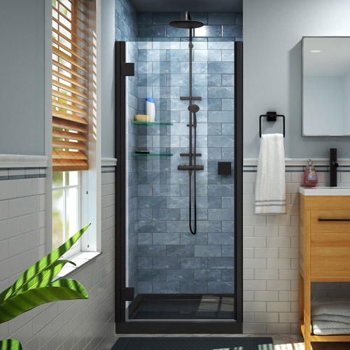 DreamLine Lumen 34 in. D x 42 in. W by 74 3/4 in. H Hinged Shower Door in Satin Black with Black Acrylic Base Kit