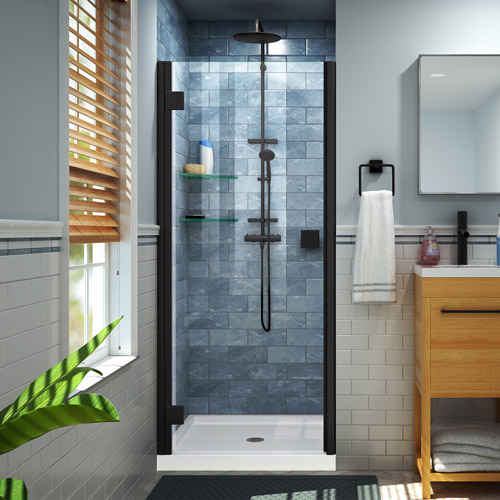 DreamLine Lumen 36 in. D x 42 in. W by 74 3/4 in. H Hinged Shower Door in Satin Black with White Acrylic Base Kit